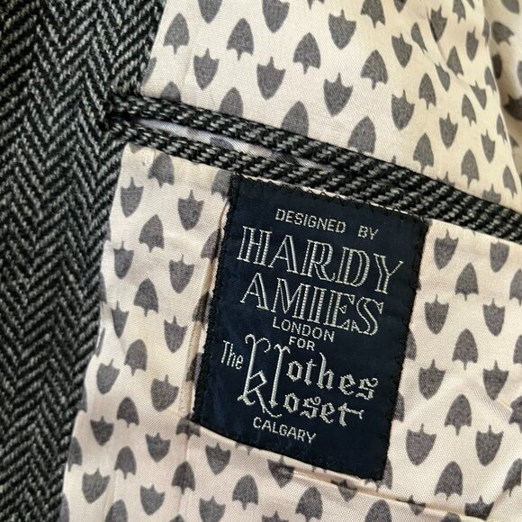 HARDY AMIES Mens 44 Grey Black HERRINGBONE 100% Wool Sports Coat JACKET BLAZER - Picture 3 of 9